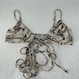 Rationalle Brown Cream Abstract Linen Tie Front Halter Strappy Bikini Top Small